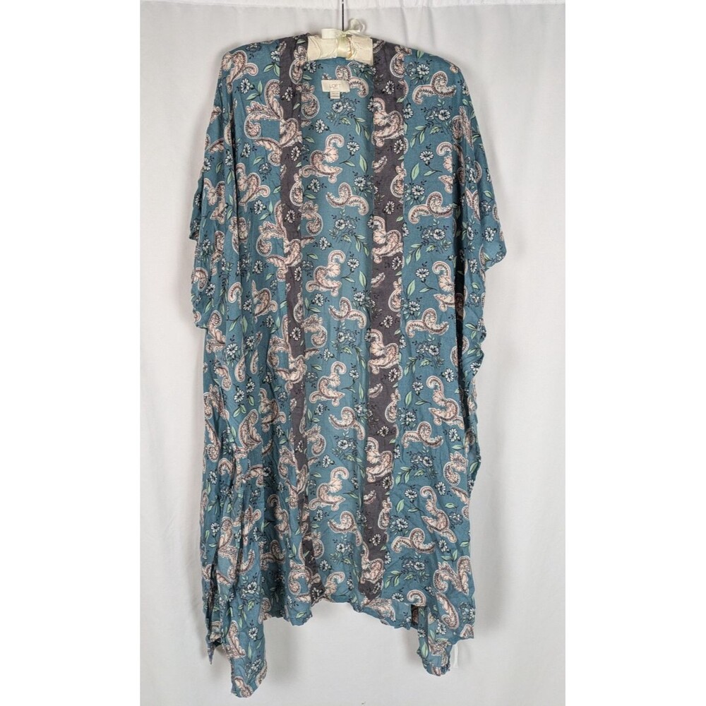 LOFT Blue Floral Paisley Open Front Kimono Wrap Cardigan Long Duster OS Bohemian